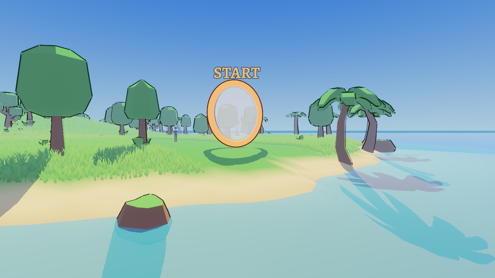 The summer island in the game: a sandy beach, palm trees and the Start ring