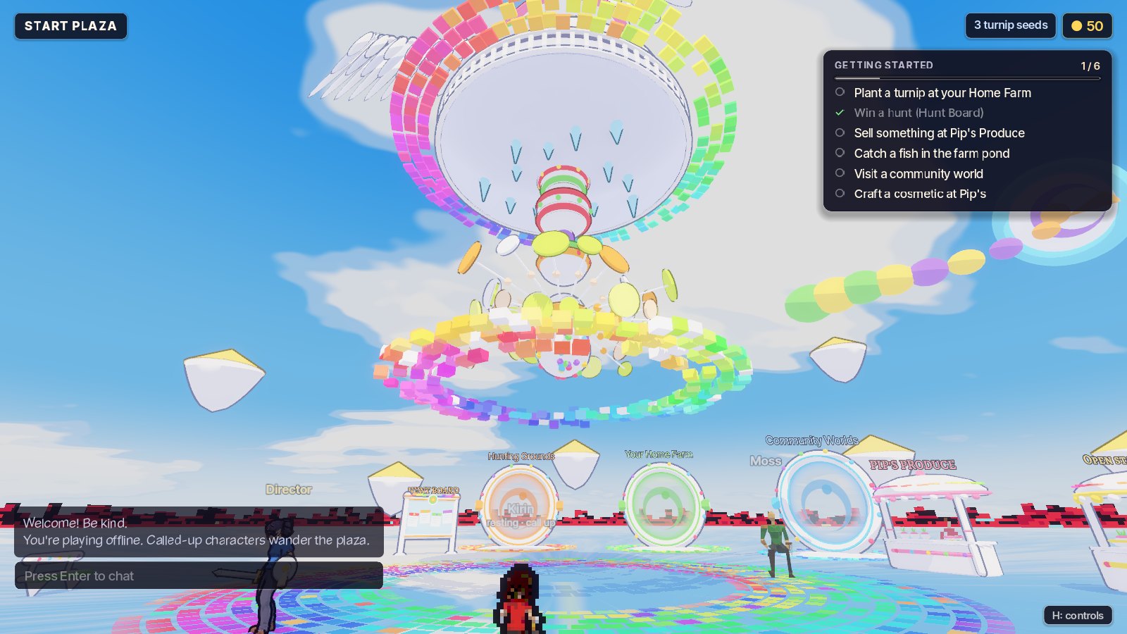 Players in Start Plaza under the rainbow totem, beside the portals